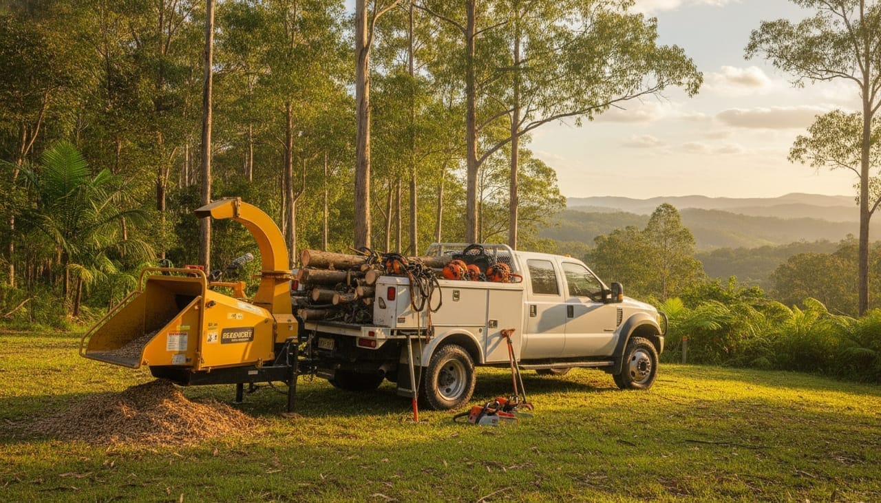 Macedon Ranges Arborist work truck and wood chipper on site in the Macedon Ranges